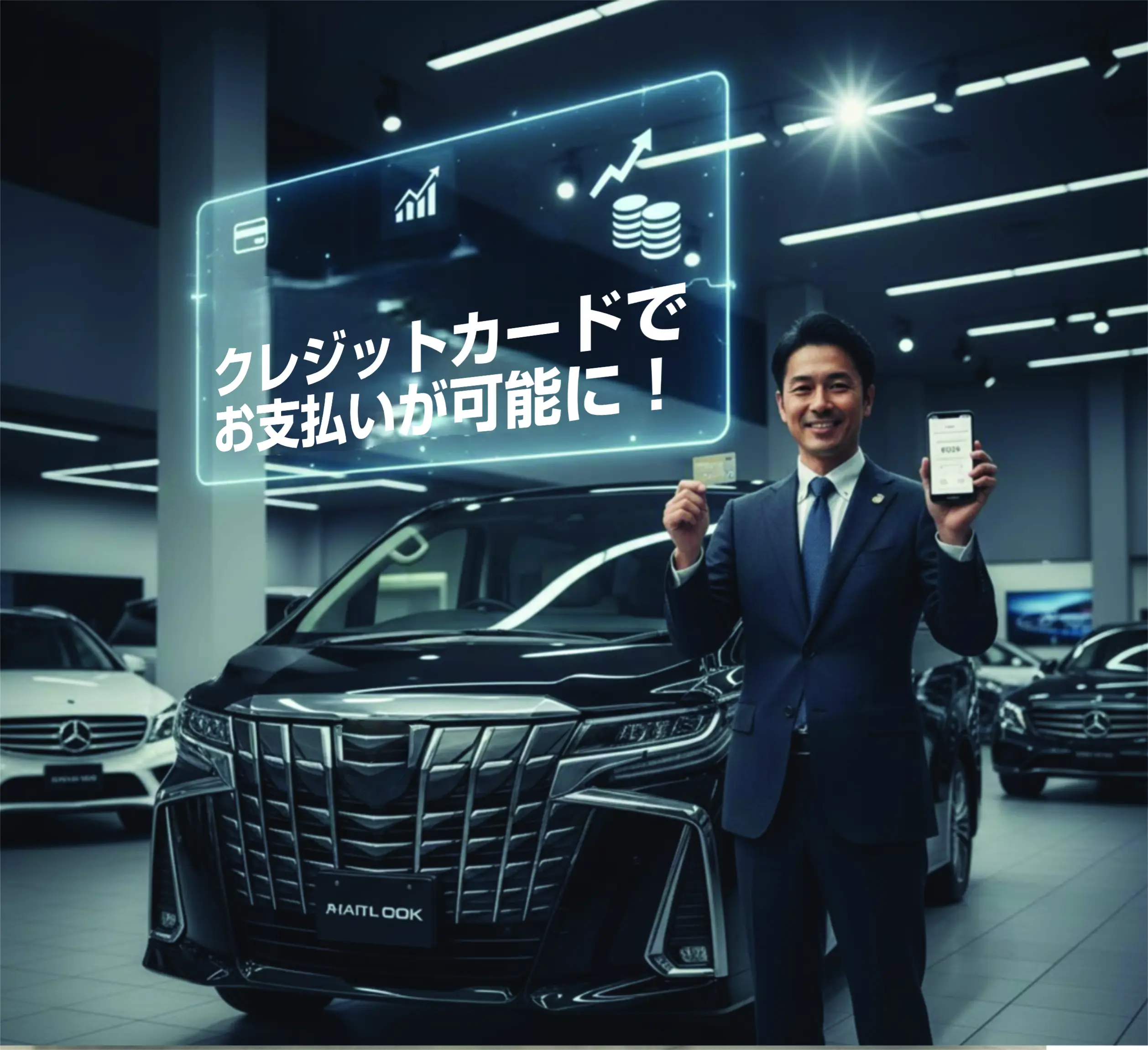 自動車ショールームで、高級ミニバン（アルファードのような車）の前に立つ、スーツ姿の笑顔の日本人男性。男性は右手にクレジットカードを、左手にスマートフォンを持っている。上部には「カード払いOK」「月々55,000円 → 3年で19,800ポイントGET!」と書かれた透明な表示板が浮かんでいる。