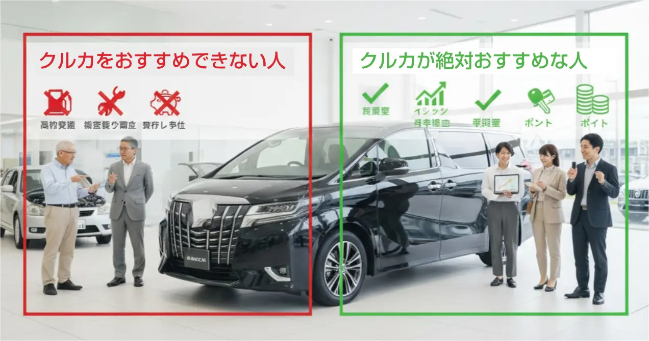 自動車ショールームに置かれた高級ミニバンを中心に、赤と緑の枠で囲まれた2つのグループの日本人を描写。赤枠内はクルカをおすすめしない人で、車の近くで話している2人の男性。緑枠内はクルカがおすすめな人で、車から少し離れた場所でタブレットを持つ女性や、ガッツポーズをする男性を含む3人が立っている。