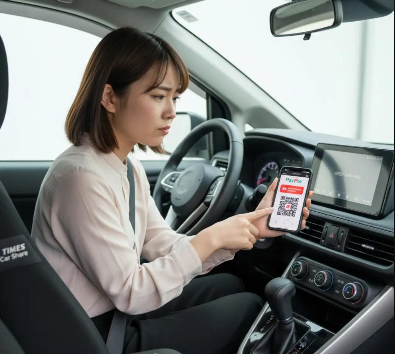 カーシェアの車内で、PayPayのQRコード決済画面が表示されたスマートフォンを指しながら、困惑した表情を浮かべる日本人女性。ダッシュボードには「CREDIT CARD ONLY」の表示が見える。