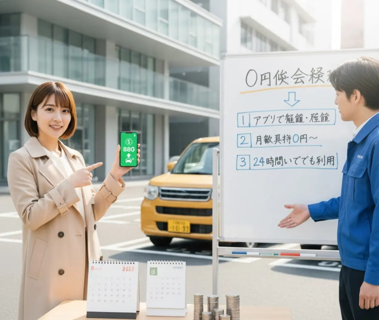 カーシェアの費用を節約する方法を議論している日本人男女。女性は無料利用料金が表示されたスマートフォンを指し、男性はホワイトボードの「0円休会」戦略を指している。