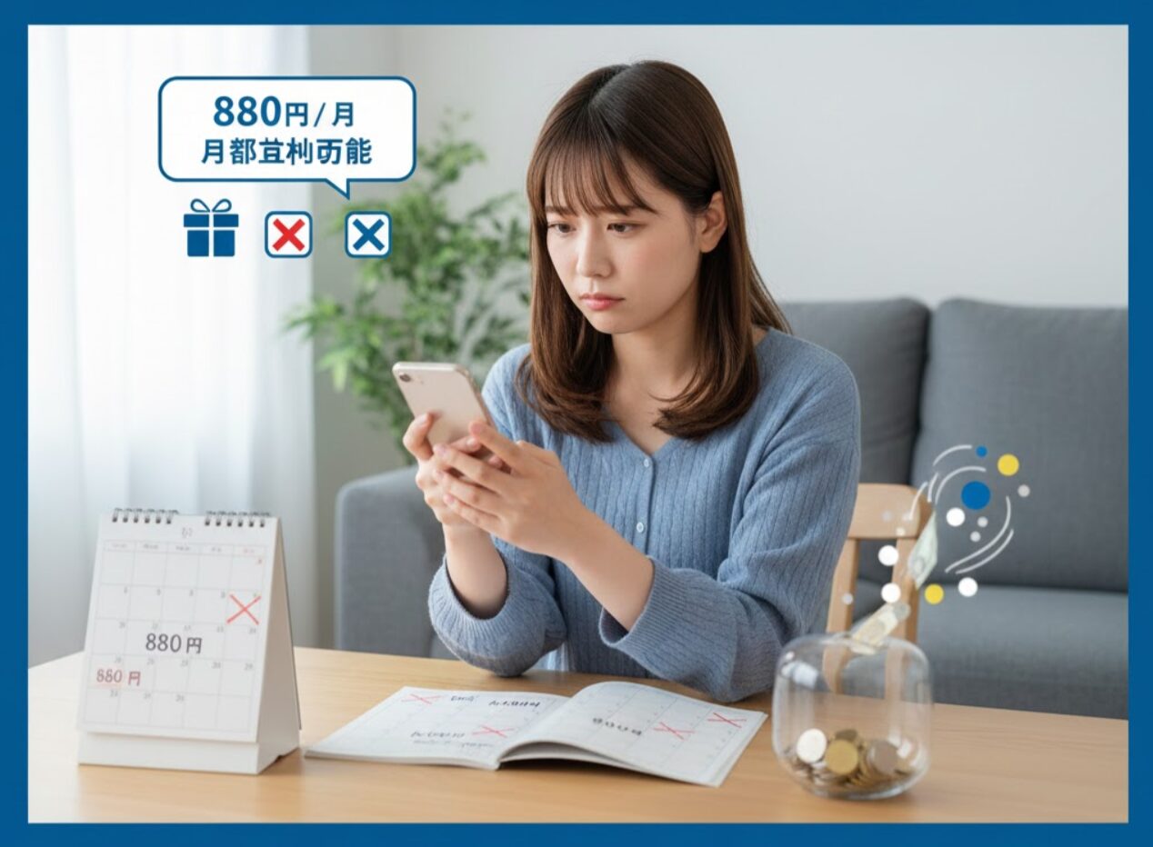 個人プランの月額基本料金880円が毎月引き落とされ、未使用の無料利用分が消滅していくイメージ。カレンダーと財布を前に、使わなかった月が無駄なコストになることに気づき、困惑する日本人女性。