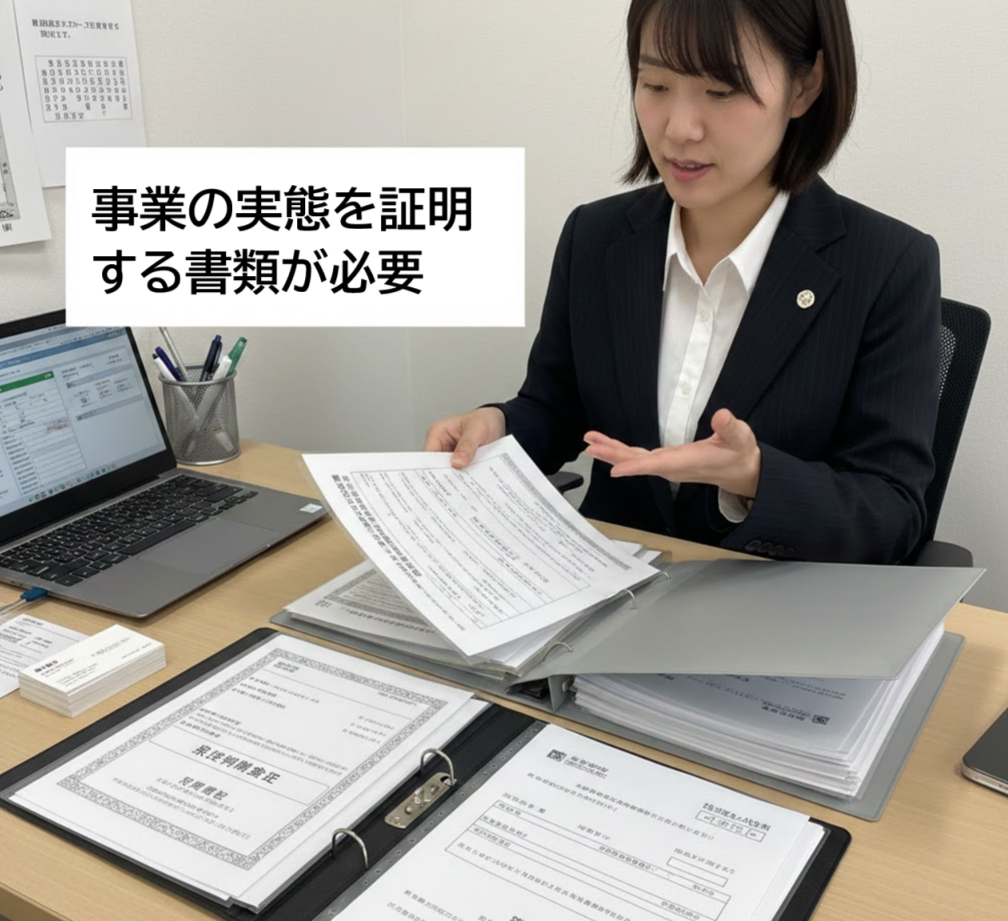 法人プラン契約のために必要な「開業届」や「確定申告書B」といった公的書類をファイリングし、審査に備える日本人個人事業主。事業の実態を証明する書類の重要性を強調する。