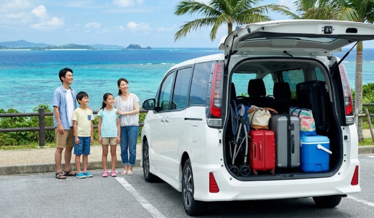 沖縄の海を背景にしたミニバンタイプのレンタカーのトランクに、大型スーツケースやビーチ用品が余裕を持って積載されている様子。