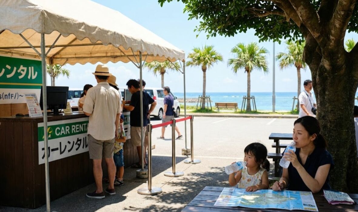 那覇空港周辺の送迎バス乗り場で、代表者（日本人男性）が並び、家族（日本人女性と子供）が日陰で待機している様子。