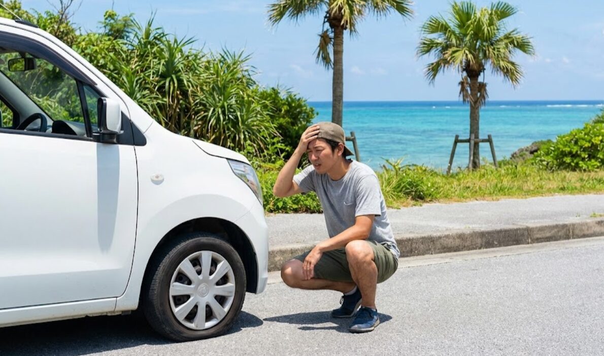 沖縄の道路脇でレンタカーのパンクしたタイヤを心配そうに見つめている日本人ドライバー。タイヤトラブルのリスクを示す。