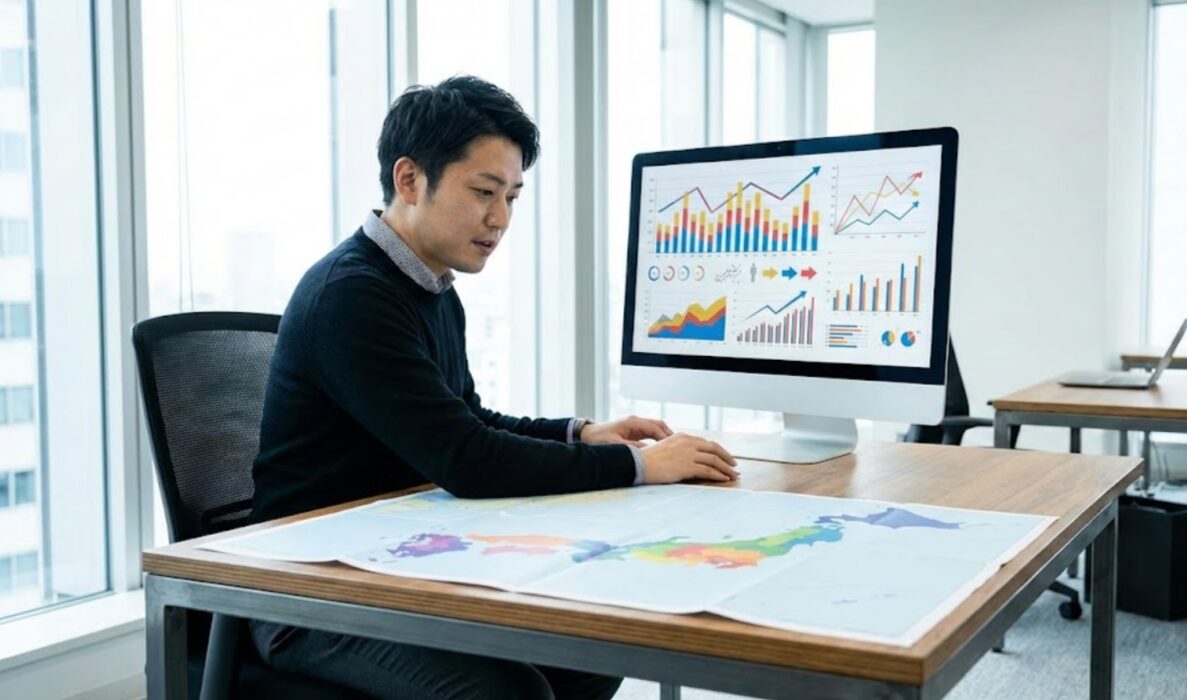 トヨタレンタカーの複雑なゾーン制料金体系を、パソコンで真剣に分析・比較する日本人男性の様子。E-E-A-Tの専門性と信頼性を高める画像。