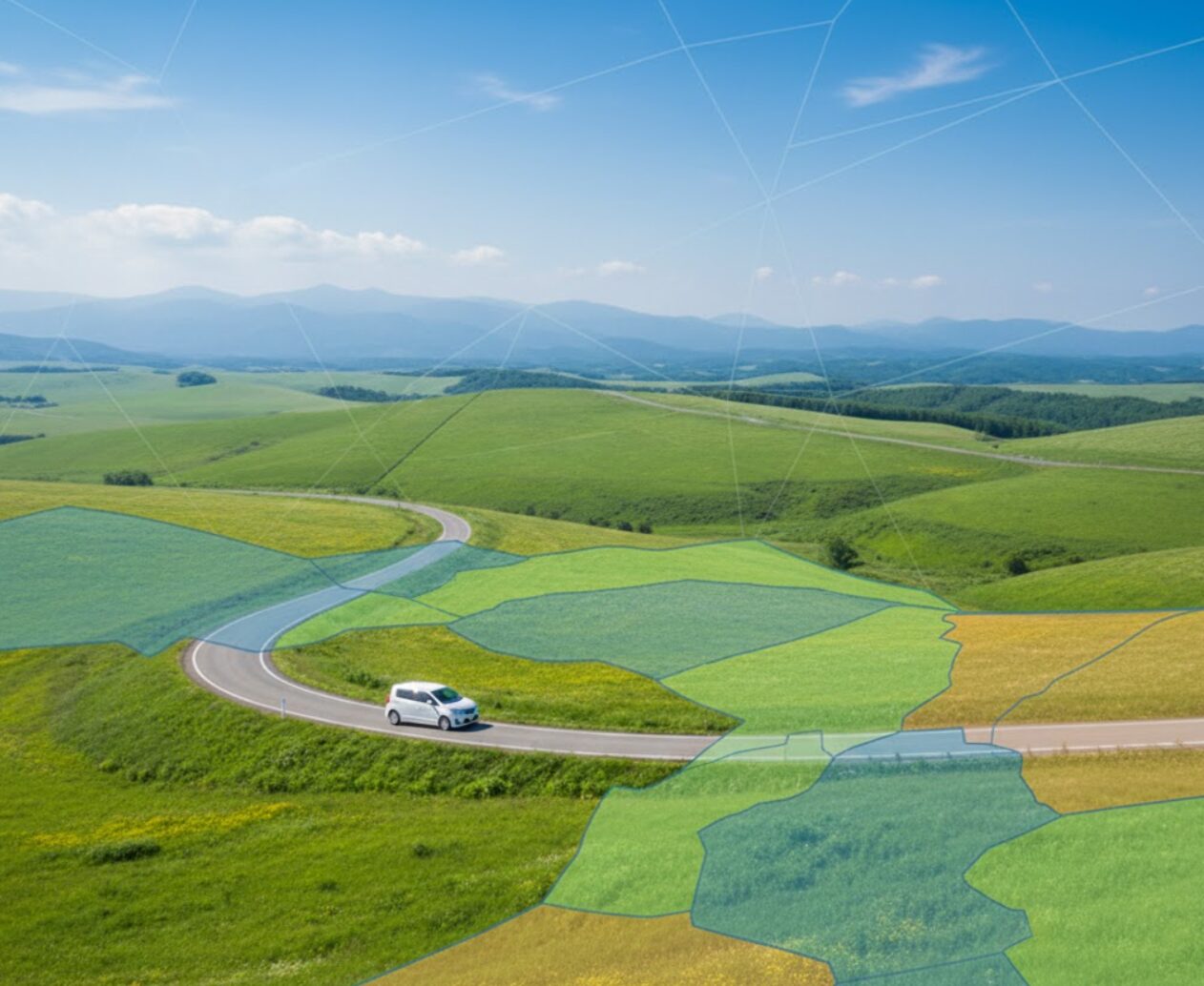 広大な北海道のエリア制料金システムを象徴する、雄大な景色の中を走るレンタカーと抽象的なエリア区分。北海道特有のルールを解説。