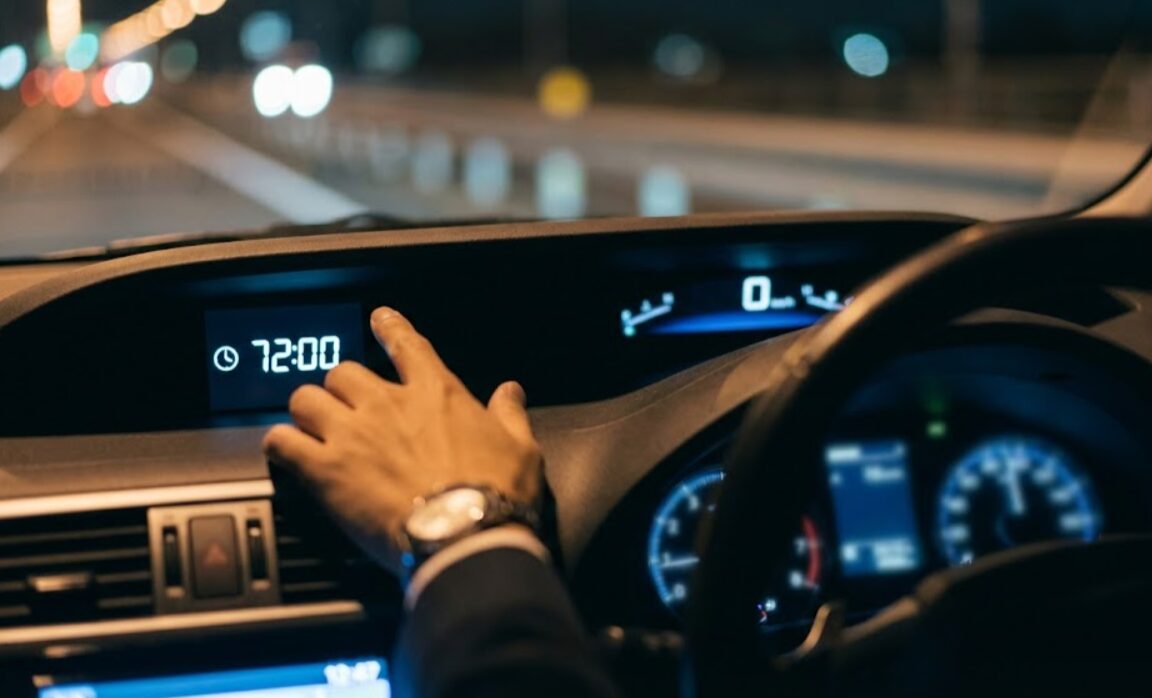 72時間などの正確な利用時間を表示するカーナビまたはダッシュボードの時計。長期レンタルの時間計算の重要性を示す。