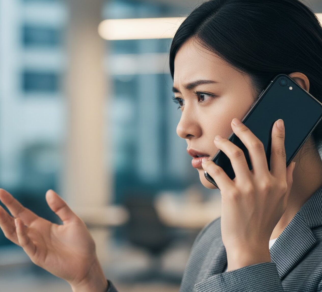 返却場所を無断で変更しそうになった際、高額な違約金を避けるためにレンタカー会社へ電話連絡をしている日本人利用者の手元。信頼性を高めるための重要な注意喚起。