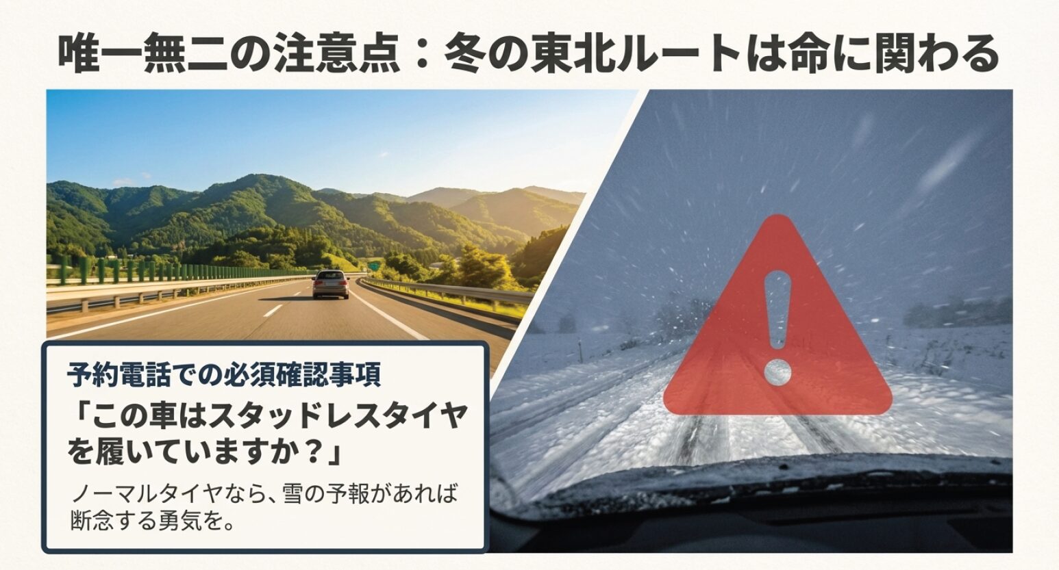 雪道の写真とともに、予約電話で「スタッドレスタイヤを履いていますか？」と確認することの重要性を警告する画像。