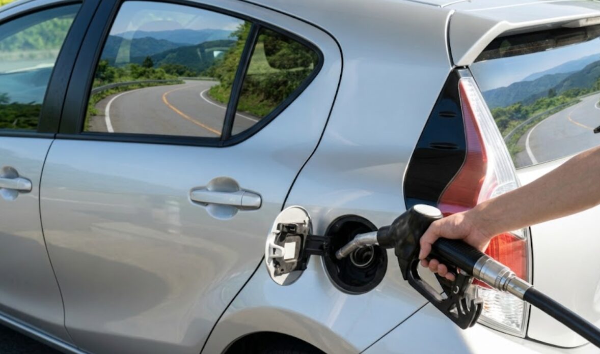 ガソリンスタンドでハイブリッド車に給油する様子。長距離移動における燃費性能とガソリン代の節約を表現。