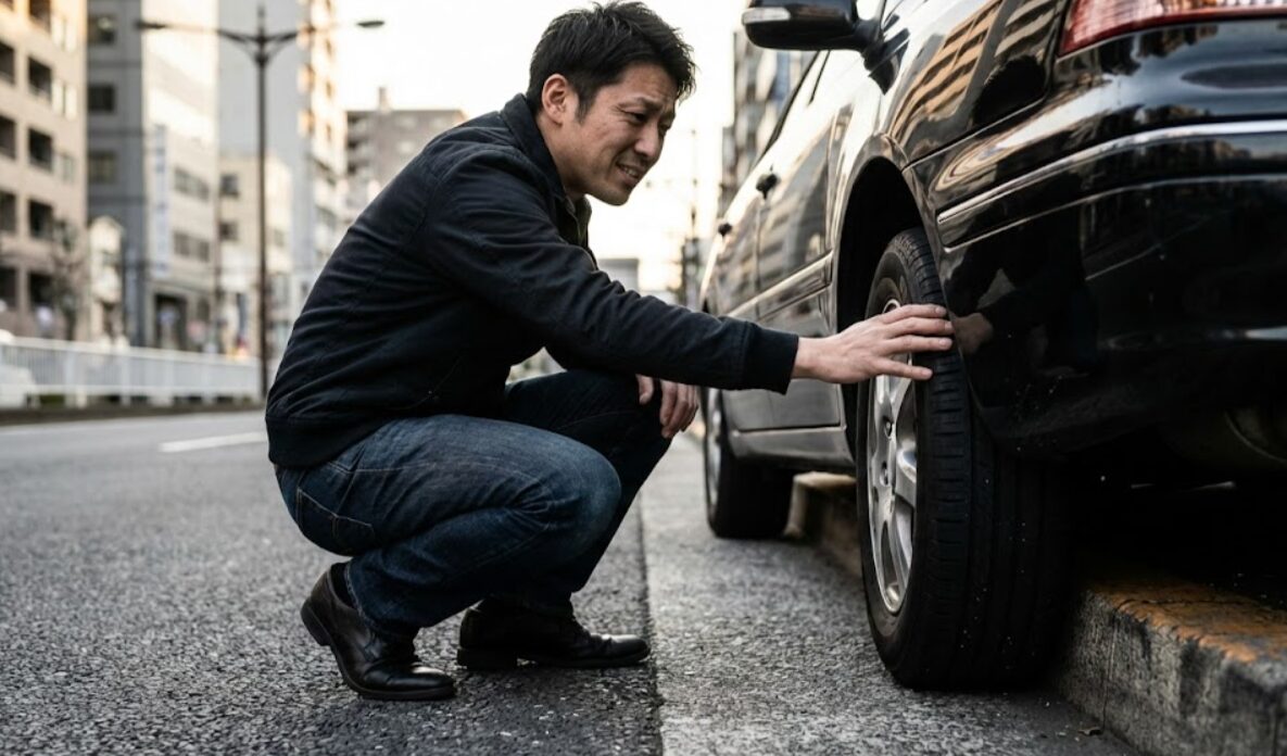 レンタカーのタイヤがパンクしていないか確認する日本人男性。安心Wプランによる不測のトラブルへの備えを象徴。