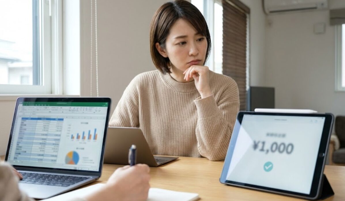 ラップトップとタブレットを使って、レンタカーの公式サイトとOTA（オンライン予約サイト）の料金を比較検討する日本人女性。