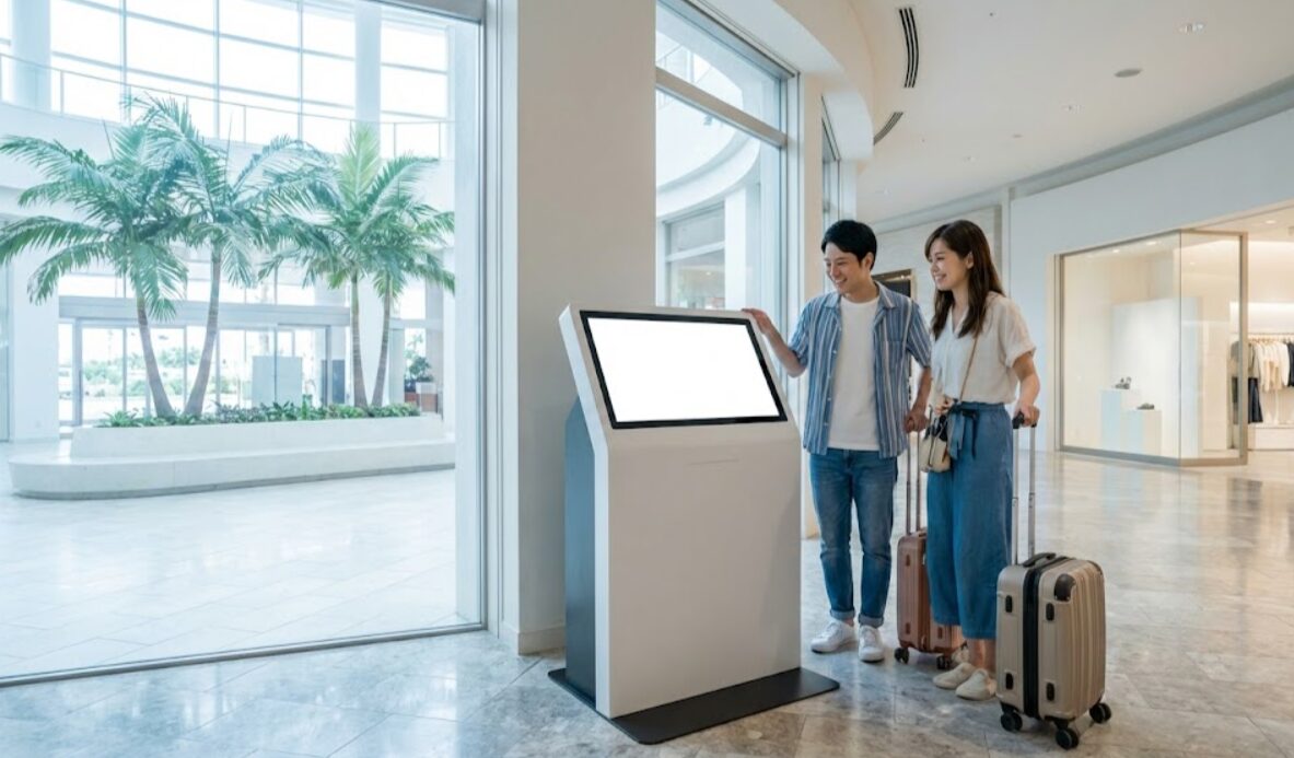 那覇新都心の商業施設内の涼しいレンタル店舗で、セルフチェックイン端末（RaCCUのイメージ）を利用して迅速に手続きを完了させる日本人カップル。