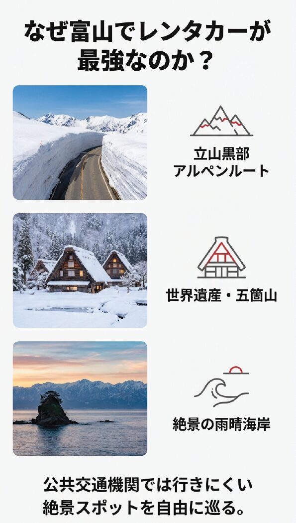 立山黒部アルペンルート、五箇山の合掌造り、雨晴海岸の絶景写真。公共交通機関では行きにくいスポットを自由に巡れるメリットを強調。