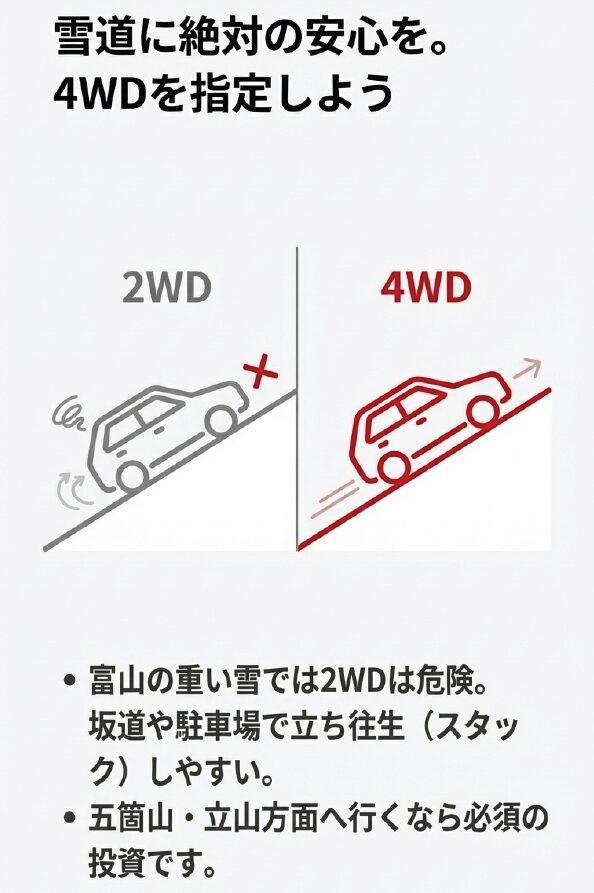 2WDと4WDの比較。富山の重い雪道や、五箇山・立山方面では坂道での立ち往生を防ぐために4WDが必須であることを図解。