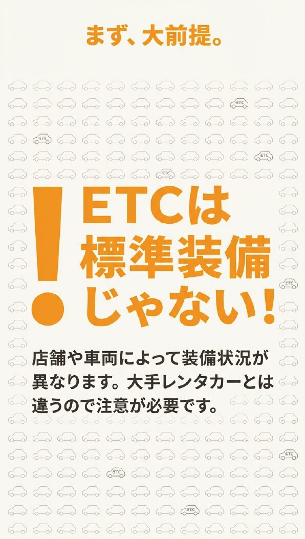「まず、大前提。ETCは標準装備じゃない！」という強いメッセージと、店舗や車両によって装備状況が異なる注意点を説明するスライド