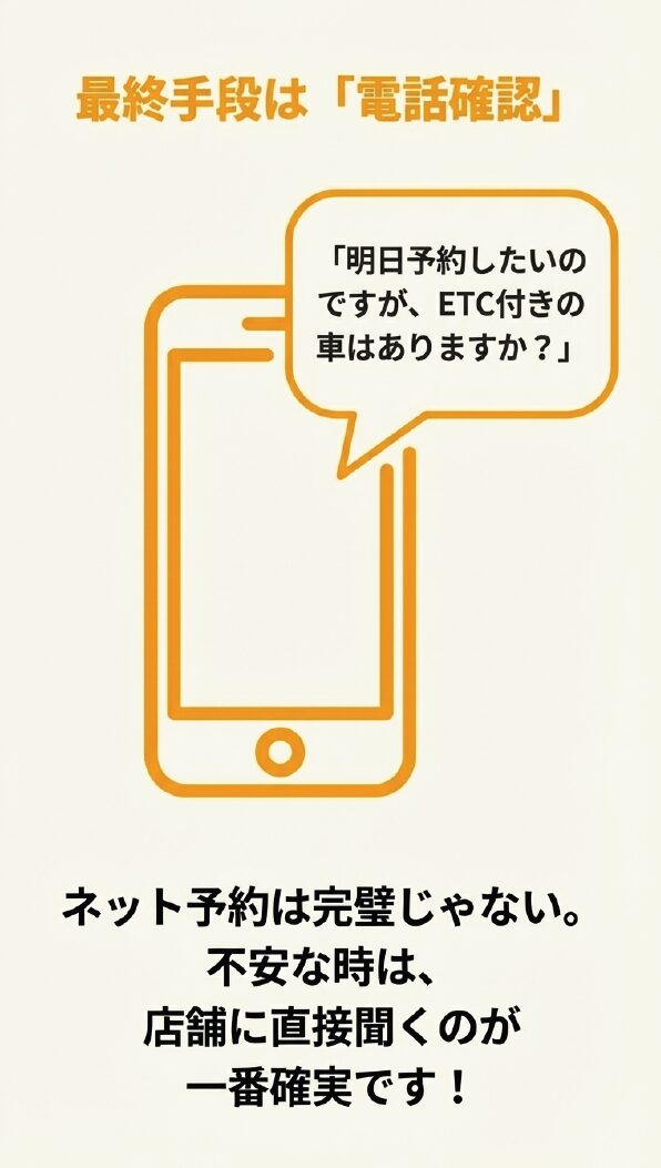 「明日予約したいのですが、ETC付きの車はありますか？」と店舗に直接電話で聞くのが一番確実であることを伝えるスライド