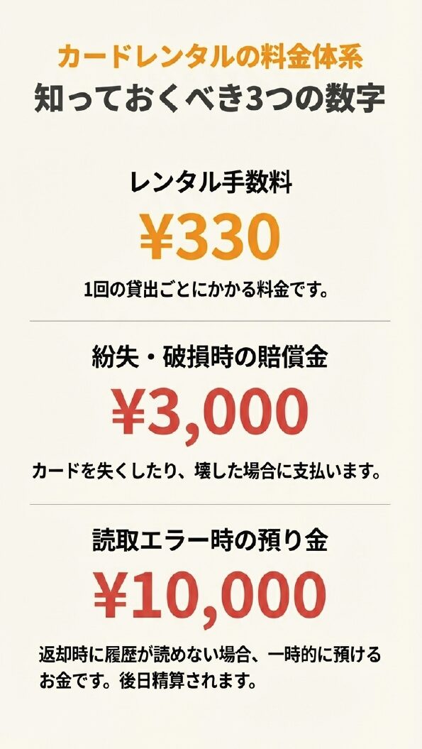 レンタル手数料330円、紛失・破損時の賠償金3,000円、読取エラー時の預り金10,000円の3つの数字を解説するスライド