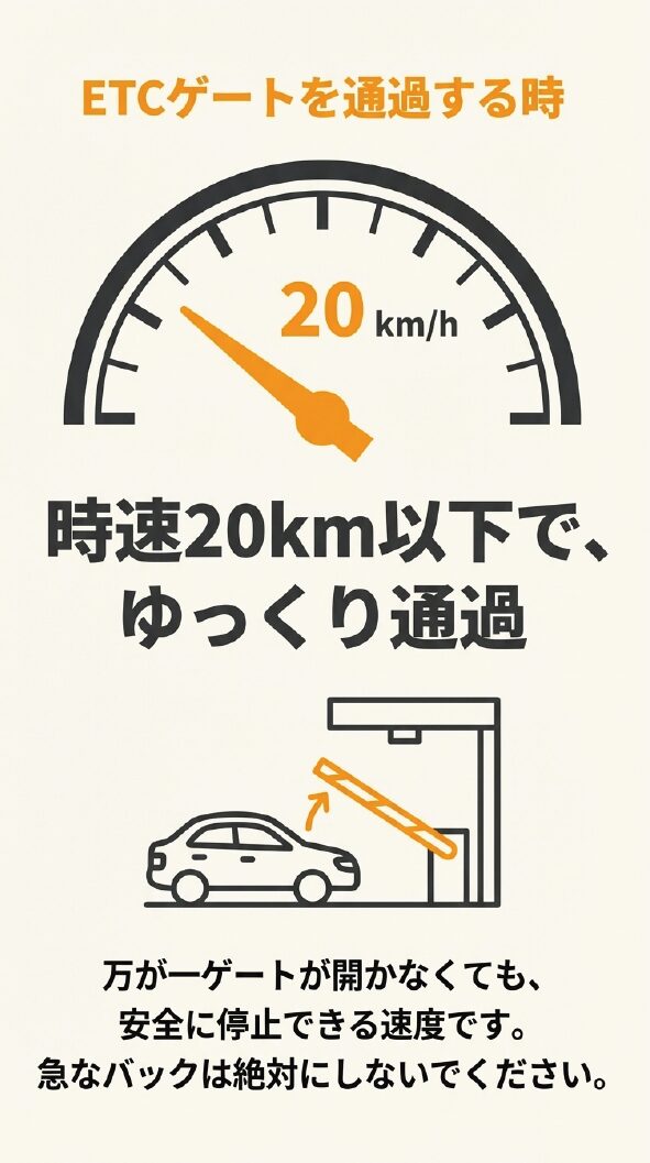 車がETCゲートを「時速20km以下」でゆっくり通過する様子と、急バック禁止の注意書きが描かれたスライド
