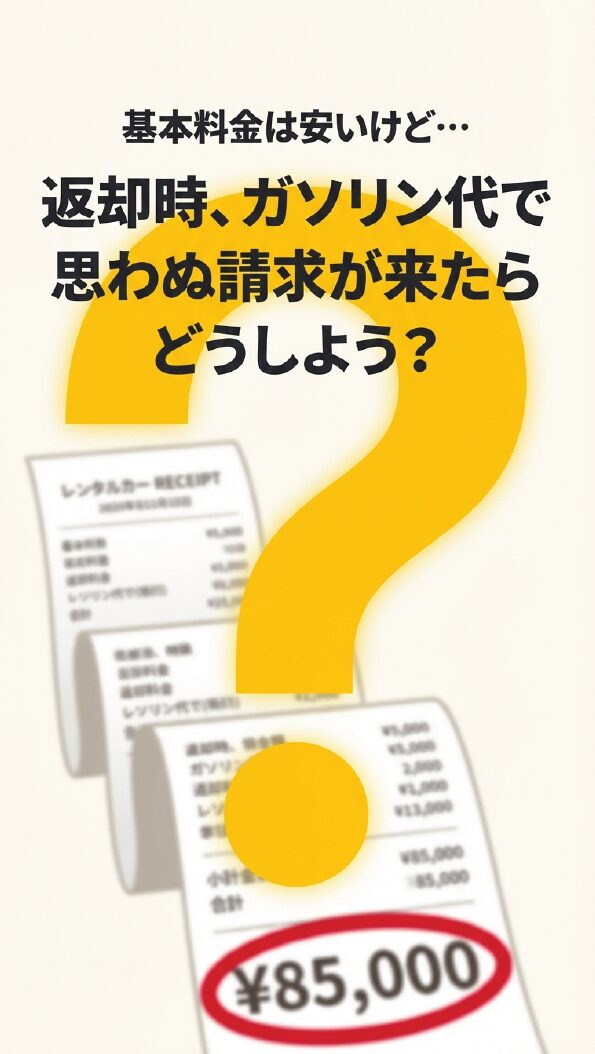 「返却時、ガソリン代で思わぬ請求が来たらどうしよう？」というテキストと、レシートのイラスト。