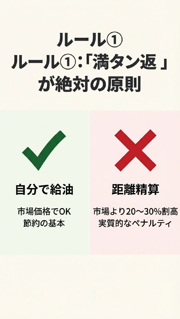 ルール①「満タン返」が絶対の原則。自分で給油は市場価格でOKだが、店舗での距離精算は市場より20~30%割高で実質的なペナルティであるという比較図。