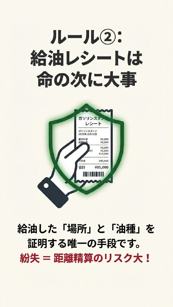 ルール②給油レシートは命の次に大事。給油した「場所」と「油種」を証明する唯一の手段であり、紛失は距離精算のリスク大であるという警告図。
