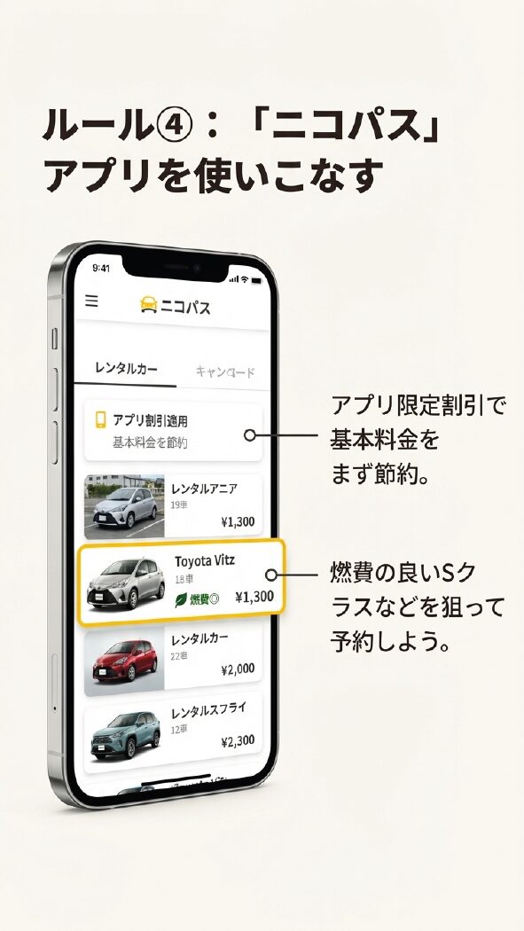 ルール④「ニコパス」アプリを使いこなす。アプリ限定割引で基本料金を節約し、燃費の良いSクラスなどを狙って予約するスマホ画面のイメージ。