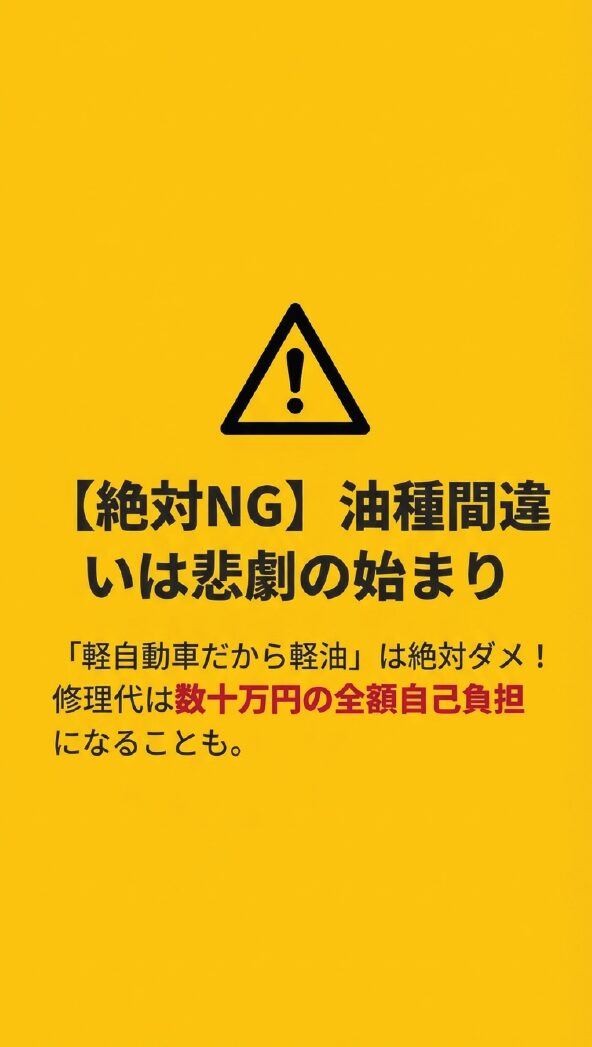【絶対NG】油種間違いは悲劇の始まり。「軽自動車だから軽油」は絶対ダメ、修理代は数十万円の全額自己負担になることもあるという警告マーク。