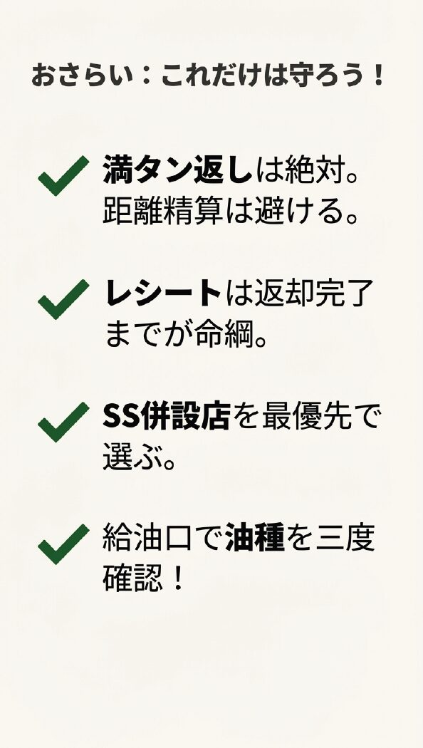 おさらい：これだけは守ろう！満タン返しは絶対、レシートは命綱、SS併設店を優先、給油口で油種を三度確認という4つのポイントまとめ。