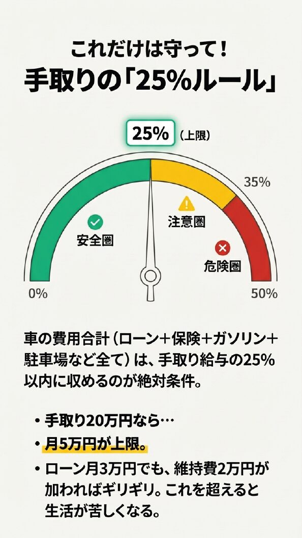 破綻しないための「手取り25%ルール」 0%から50%までのメーター図。25%までを「安全圏」、35%までを「注意圏」、それ以上を「危険圏」とし、車の費用合計を25%以内に収めるべきだと警告するスライド。