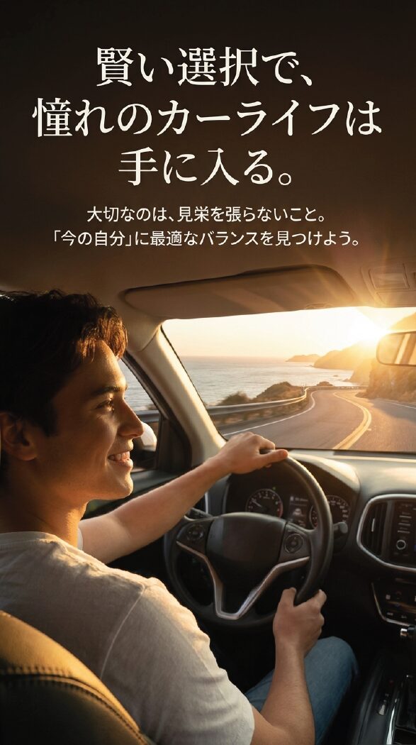 賢い選択で、憧れのカーライフを 「賢い選択で、憧れのカーライフは手に入る。」というメッセージ。大切なのは見栄を張らず、今の自分に最適なバランスを見つけることだと結んでいるスライド。
