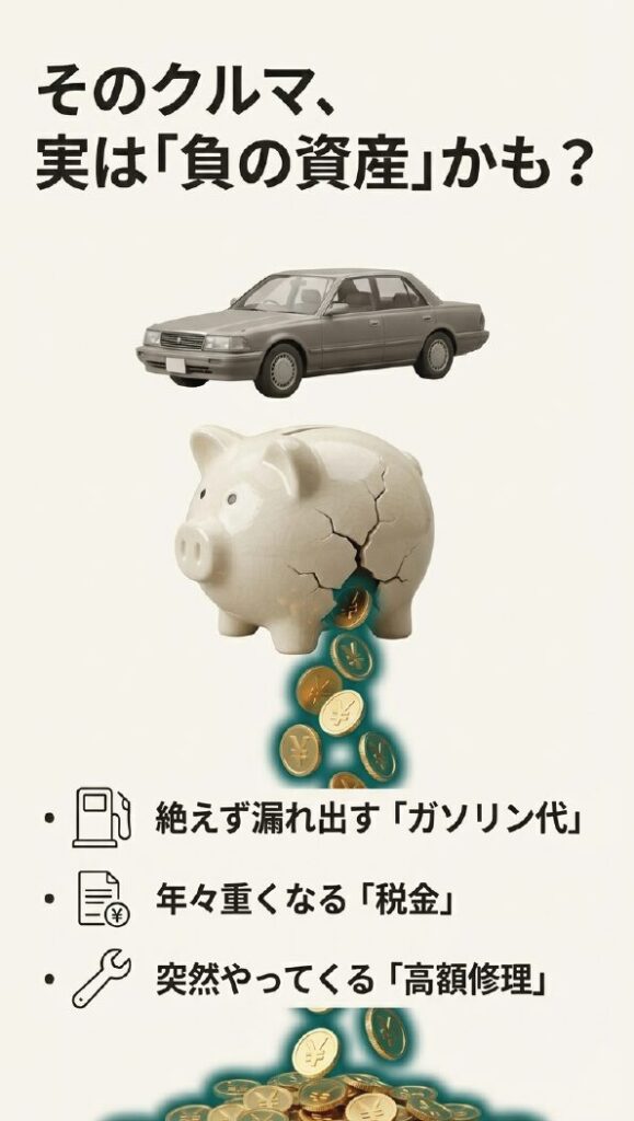 車のイラストとともに、「そのクルマ、実は『負の資産』かも？」という問いかけと、ガソリン代、税金、突然の高額修理という3つのリスクを挙げたスライド。