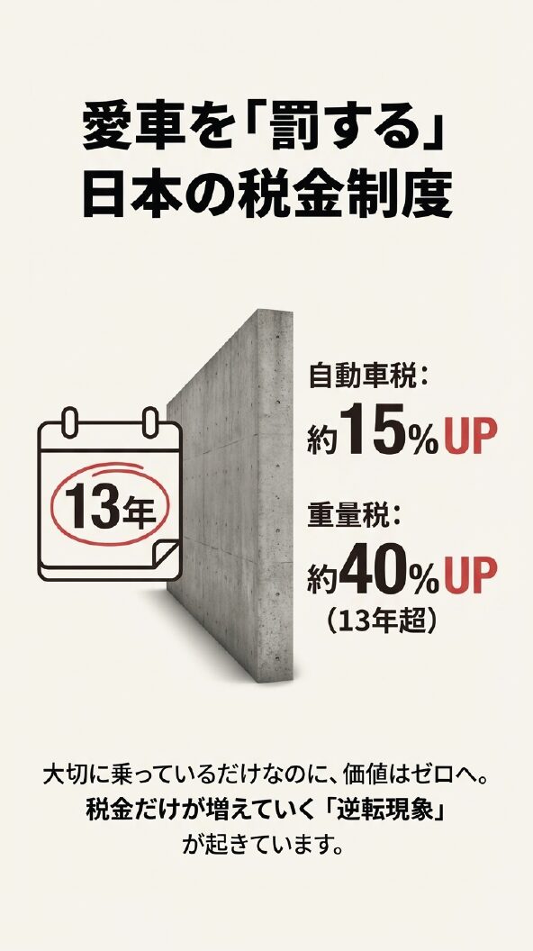 カレンダーの13年という数字が丸で囲まれ、自動車税約15%アップ、重量税約40%アップという日本の税金制度の「逆転現象」を説明するスライド。