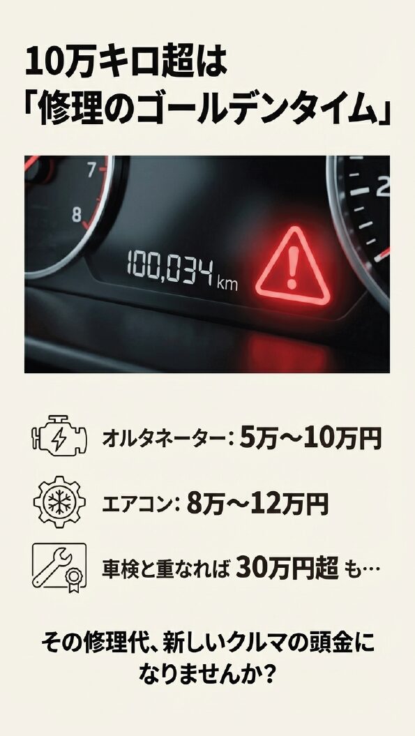 走行距離100,034kmのメーターと警告灯の画像。オルタネーターやエアコンの修理代目安、車検と重なれば30万円超もあり得ることを示すスライド。