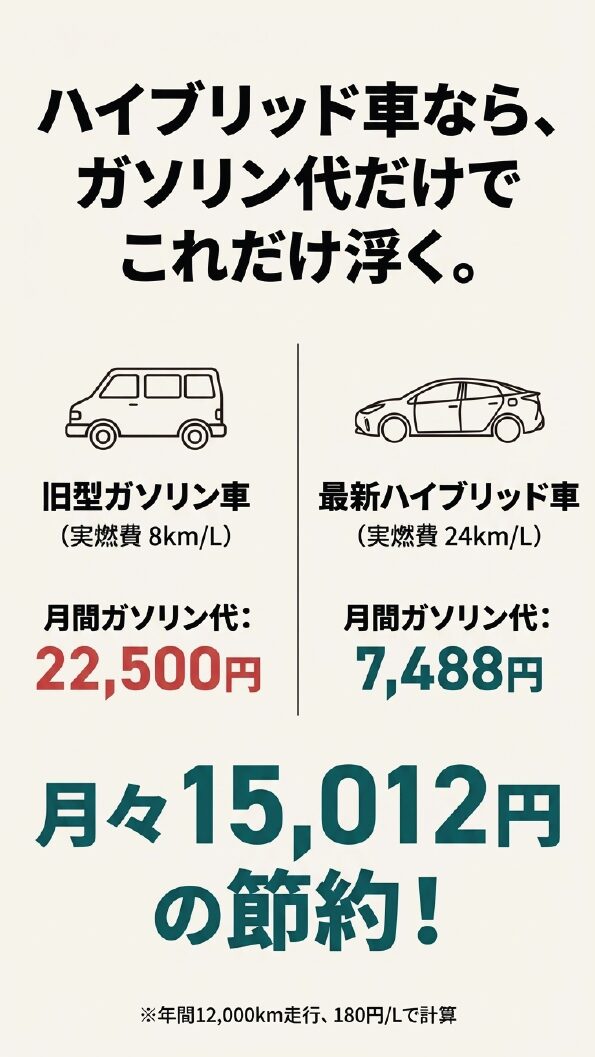 旧型ガソリン車（実燃費8km/L）と最新ハイブリッド車（実燃費24km/L）の月間ガソリン代を比較し、月々15,012円節約できることを示すシミュレーションスライド。