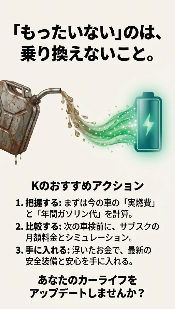 「もったいないのは、乗り換えないこと」というメッセージとともに、1.現状把握、2.比較、3.手に入れる、という3つのアクションを提案するまとめのスライド。