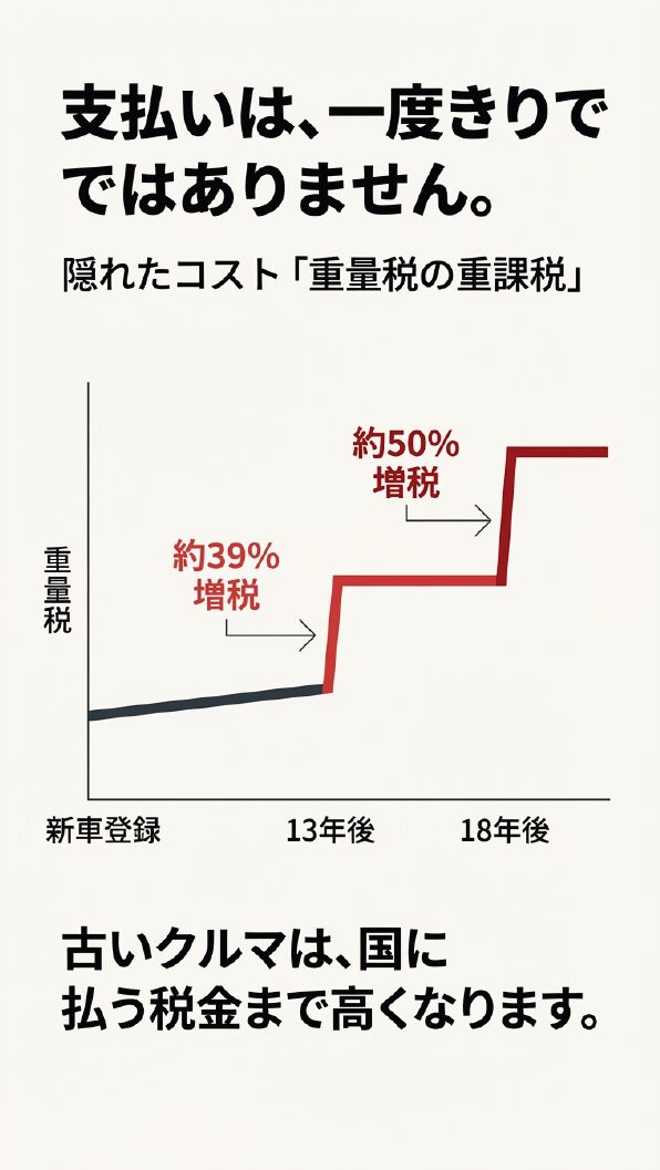 重量税の重課税を示す階段状のグラフ。13年経過で約39%増税、18年経過で約50%増税になることを説明している。 
