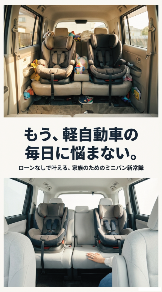軽自動車とミニバンの車内比較画像。「もう、軽自動車の毎日に悩まない。ローンなしで叶える、家族のためのミニバン新常識」というキャッチコピー。