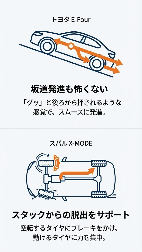 トヨタE-Fourの坂道発進サポートと、スバルX-MODEの空転抑制によるスタック脱出の仕組みを図解したスライド。