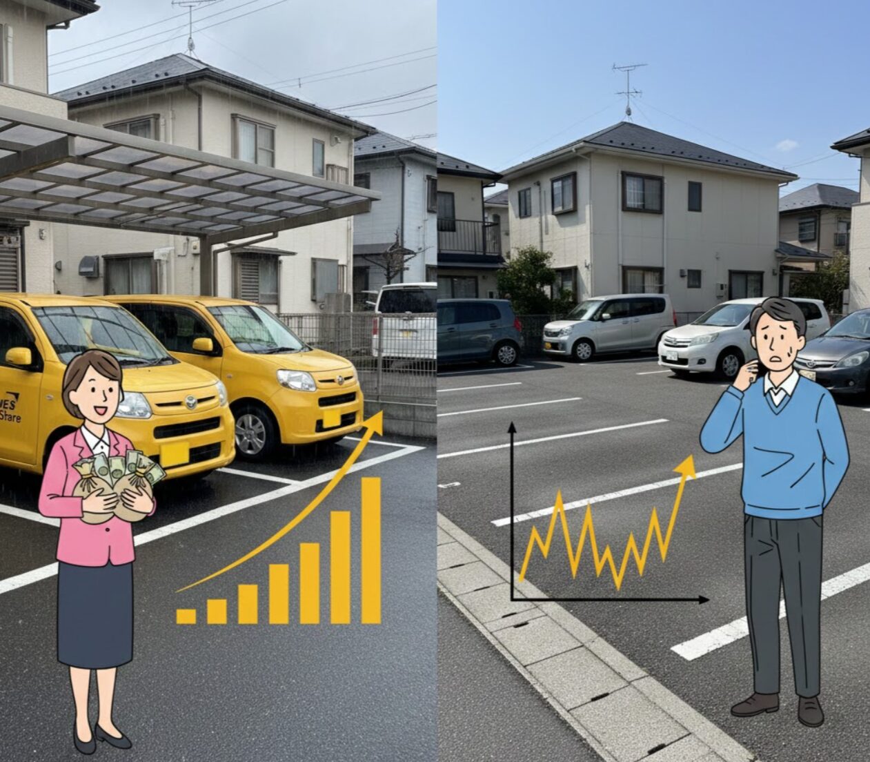 カーシェアの固定賃料と月極駐車場の変動賃料を比較した図。雨天や空車時でも毎月一定額が安定して入金されるタイムズカーシェアの収益構造のイメージ。