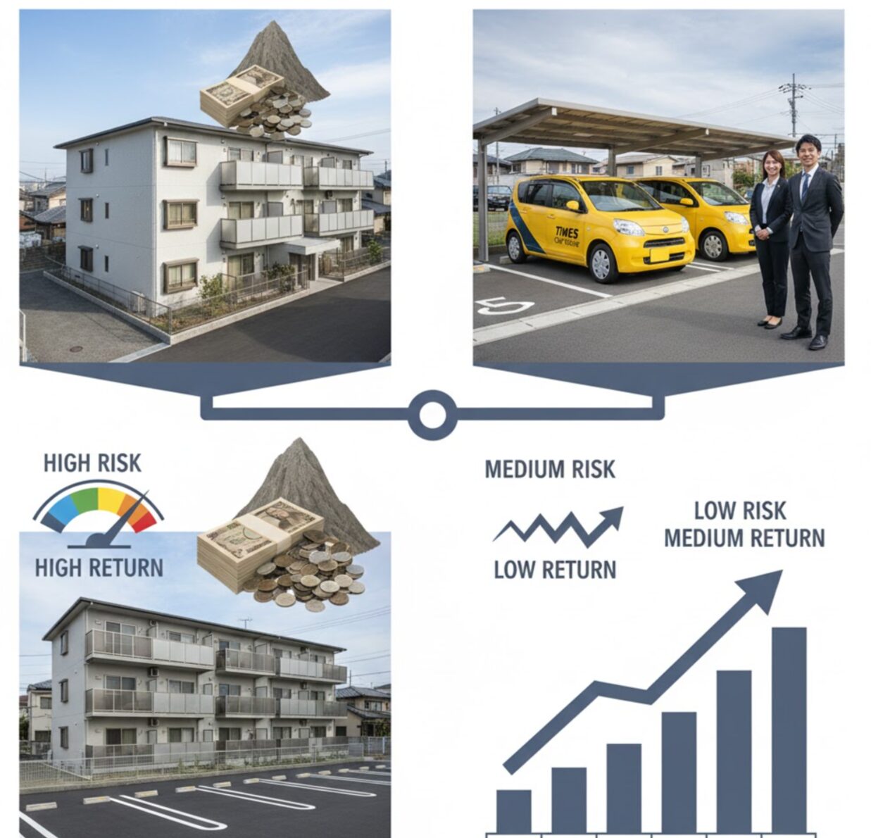 アパート経営、月極駐車場、タイムズカーシェアをリスクとリターンの観点から比較したグラフ。カーシェアが低リスクかつ安定的な中リターンに位置する様子を示す。