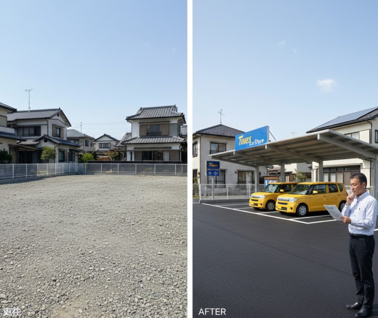 砂利の空き地（Before）がアスファルト舗装されたタイムズカーシェアのステーション（After）に変わった様子。初期費用のオーナー負担が発生し得る舗装工事の必要性を示す。