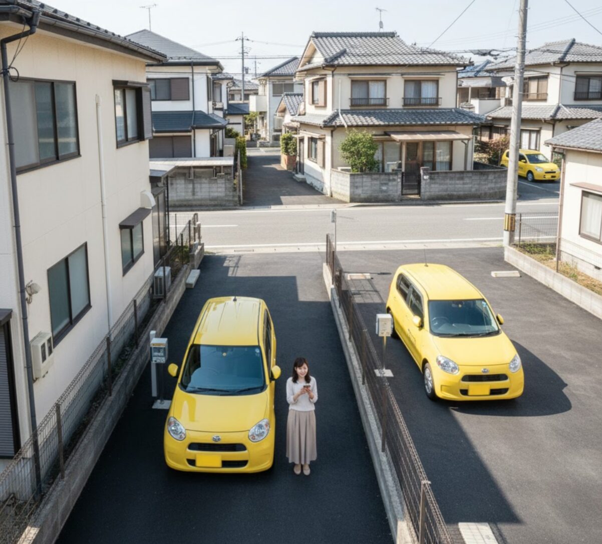 建物の横の小さなスペースや旗竿地のような狭小地に、カーシェア車両1台または2台が効率的に駐車されている様子。狭い土地の有効活用イメージ。
