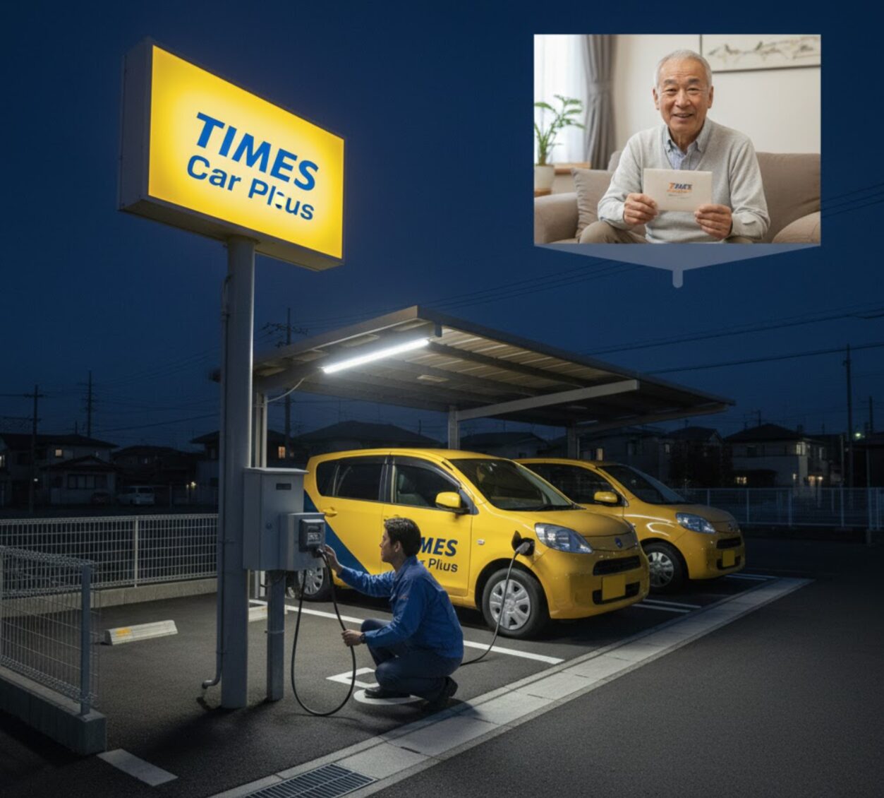 カーシェアステーションの照明（看板）とEV充電器のコストを事業者が負担し、土地オーナーが安定した固定賃料を受け取っている様子。ランニングコストの負担区分を示す。