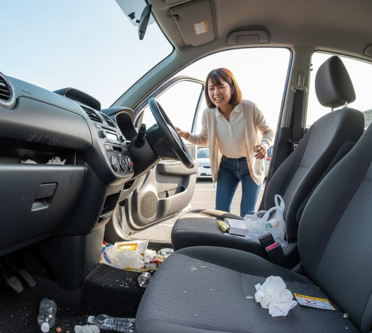 前利用者のゴミや汚れが放置されたままのカーシェアの車内を見て嫌悪感を抱く日本の女性