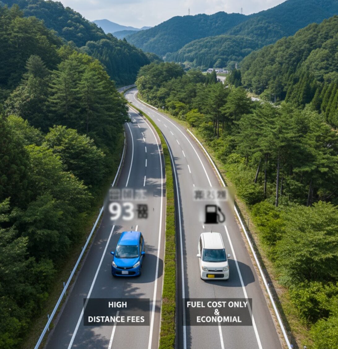 往復長距離移動で距離料金が発生し、割高になるカーシェアとマイカーのコスト比較の概念図