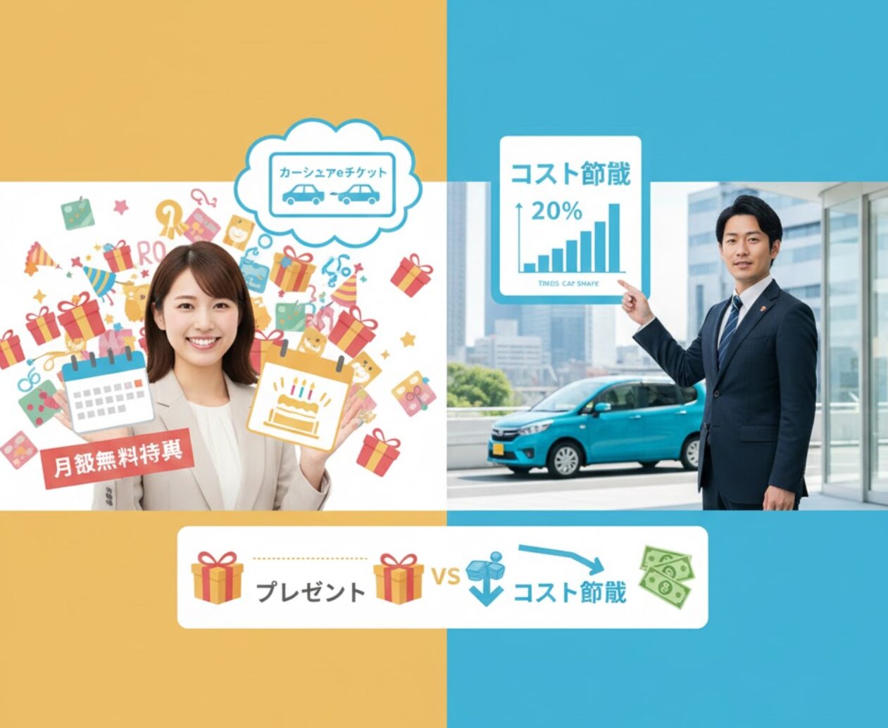 個人会員向けのTCP特典として「無料利用券」や「バースデー特典」の豪華なアメ（プレゼント）が山積みになっている様子と、法人会員向けの特典として「距離料金からの割引」を示すコスト削減のグラフを対比。