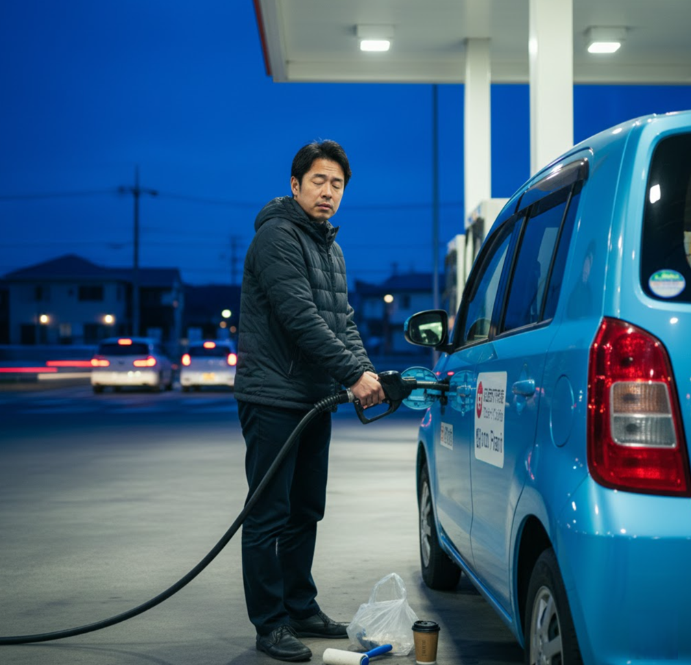 遊び疲れて夜のガソリンスタンドでカーシェア車両に給油する日本の男性
