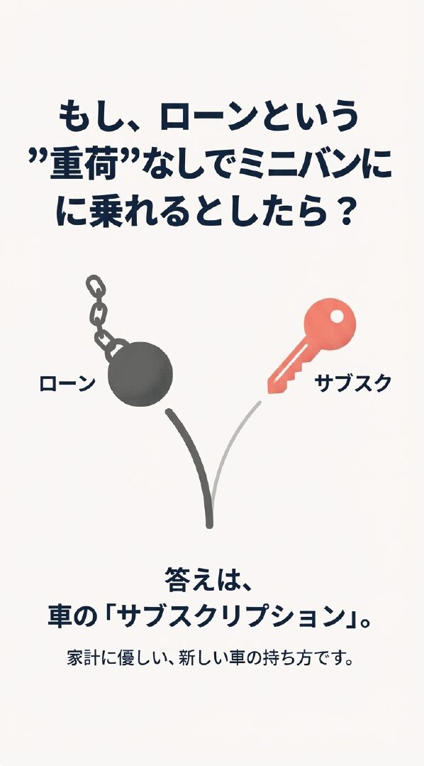 重い鉄球の「ローン」と、身軽な鍵の「サブスク」を対比したイラスト。「家計に優しい、新しい車の持ち方です」という説明文。